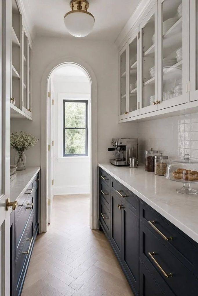 Two-tone pantry cabinetry with contrasting colors.