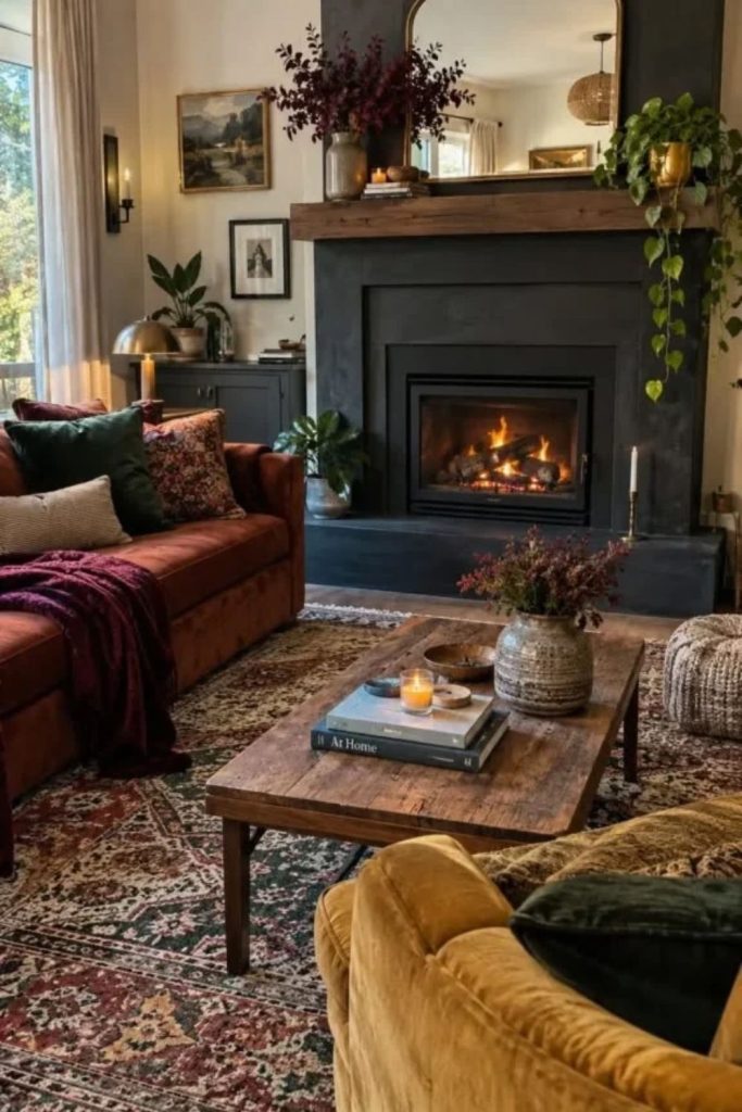 Velvet living room with elegant stove.