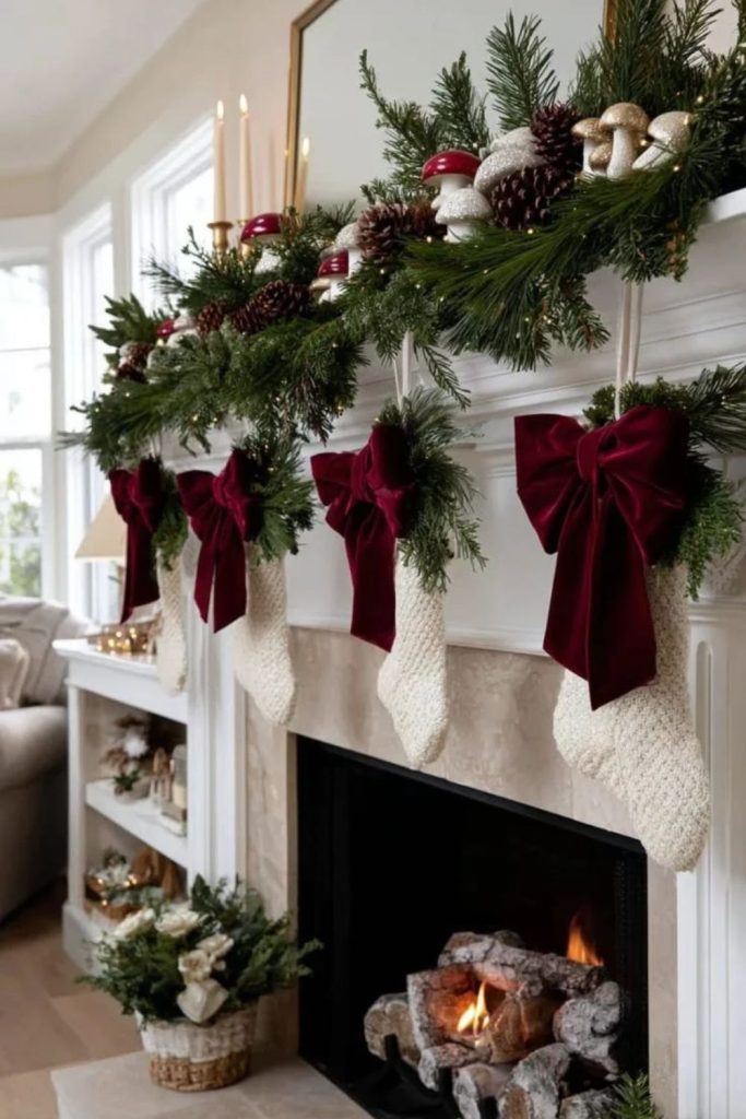 Red velvet Christmas garland with bows.