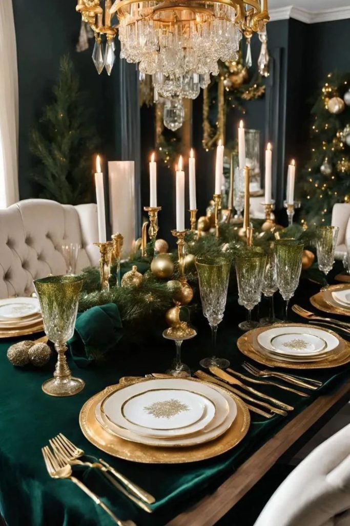 Luxurious velvet and evergreen Christmas dining decor.