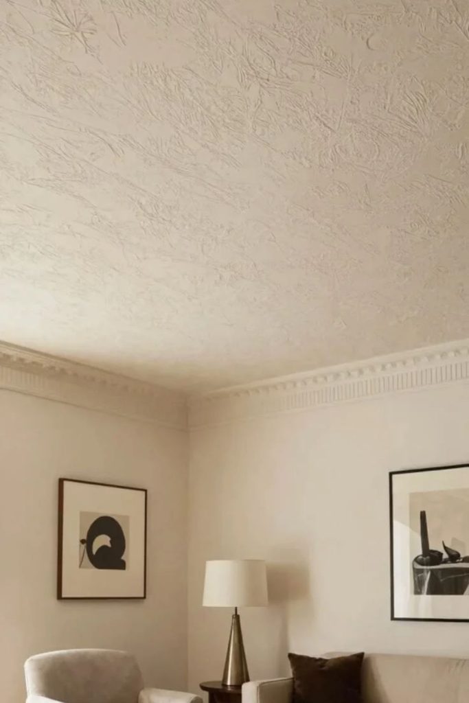 Venetian plaster ceiling with subtle glow.