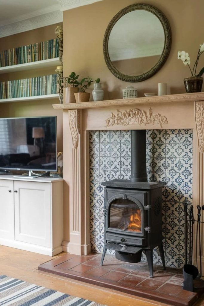 Victorian living room with traditional burner.