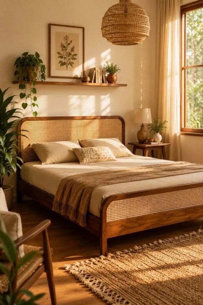 Vintage cane bed frame with woven headboard
