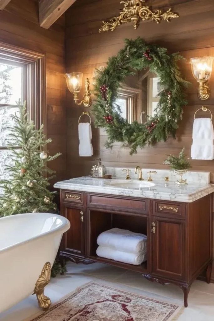 Vintage Christmas bathroom with nostalgic holiday decorations.