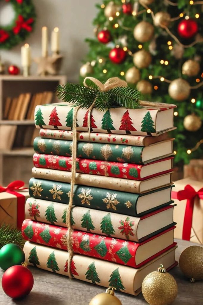 Vintage Christmas book stack with greenery.