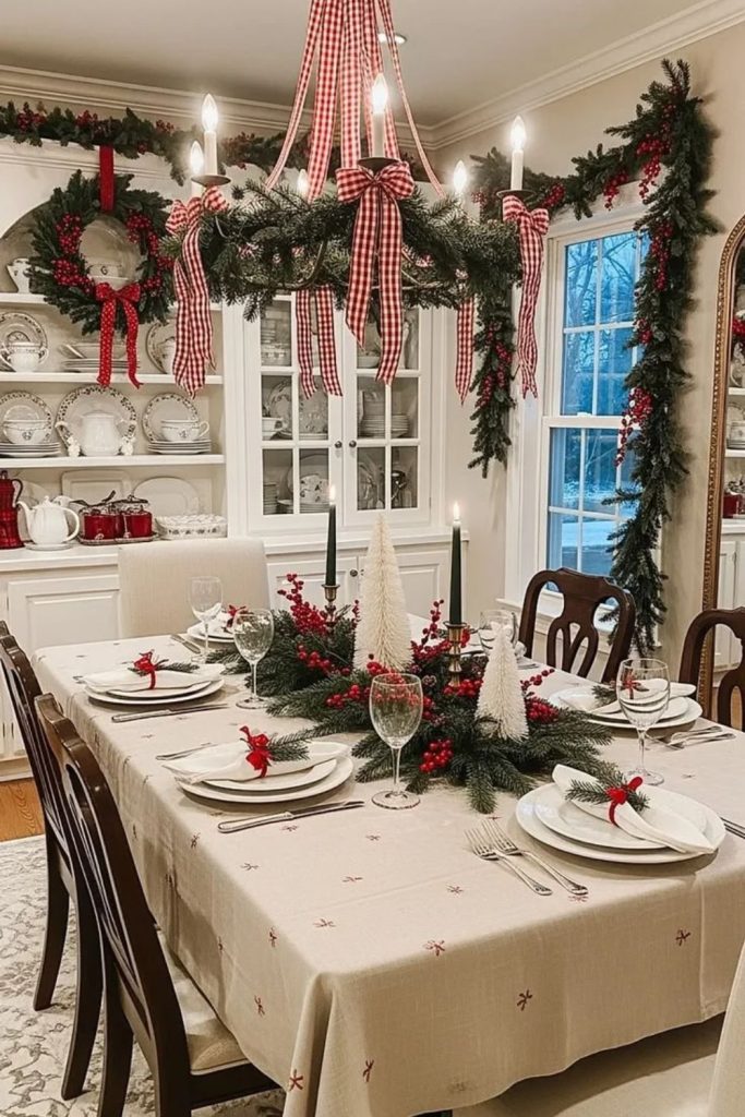 Vintage Christmas dining room with nostalgic ornaments.