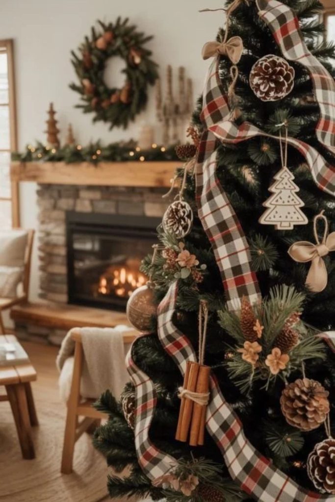 Vintage Christmas tree with colorful retro ornaments.
