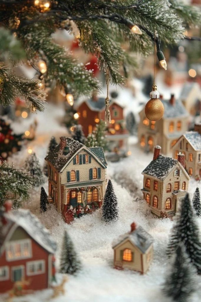 Vintage Christmas village with nostalgic decorations.