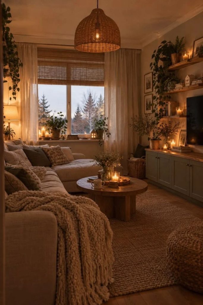 Vintage hygge living room with timeless wooden furniture.