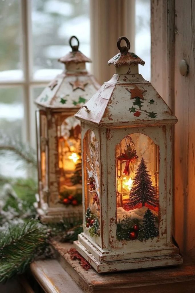 Vintage lanterns with rustic Christmas decorations.