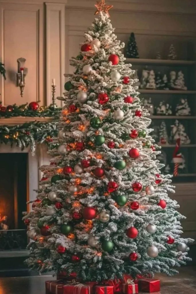 Vintage nostalgia flocked Christmas tree with colorful baubles.