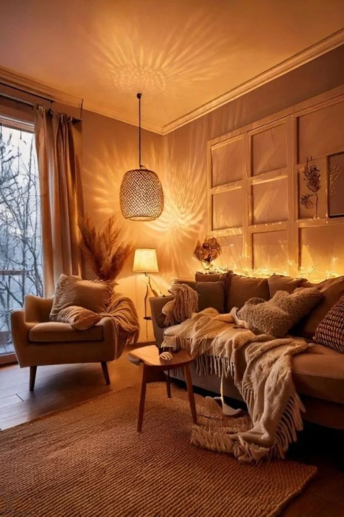 Warm ambient lighting in Scandinavian hygge living room.