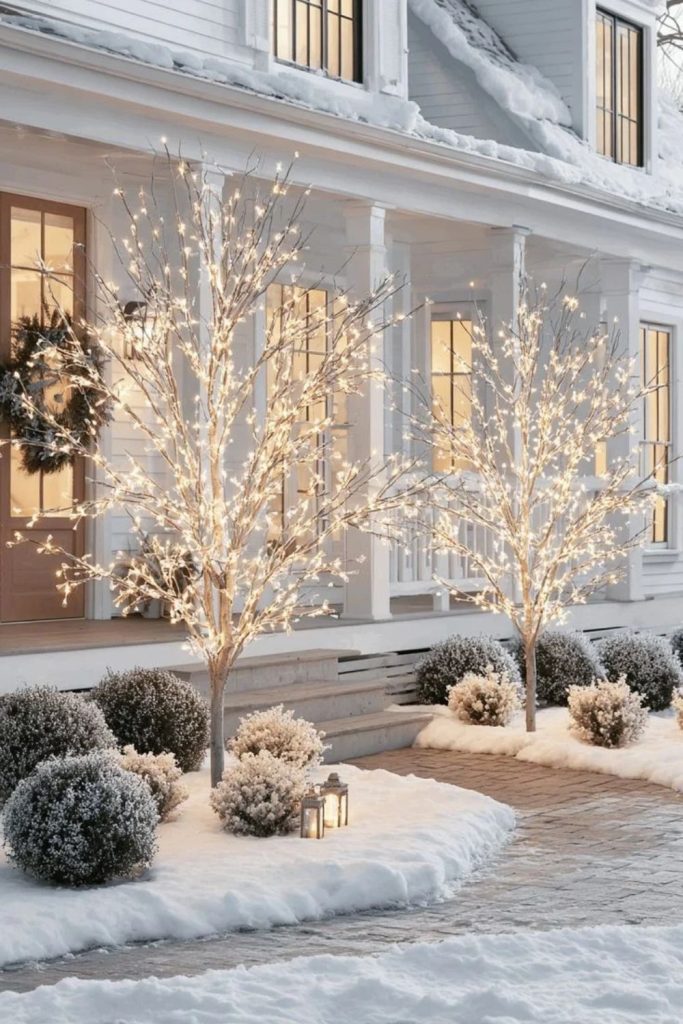 Warm white lights wrapped around bare branches.