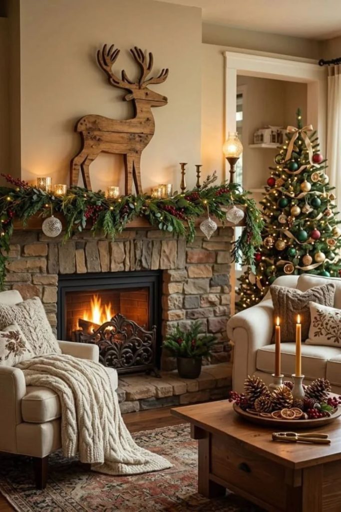 Weathered wood Christmas mantel with greenery.