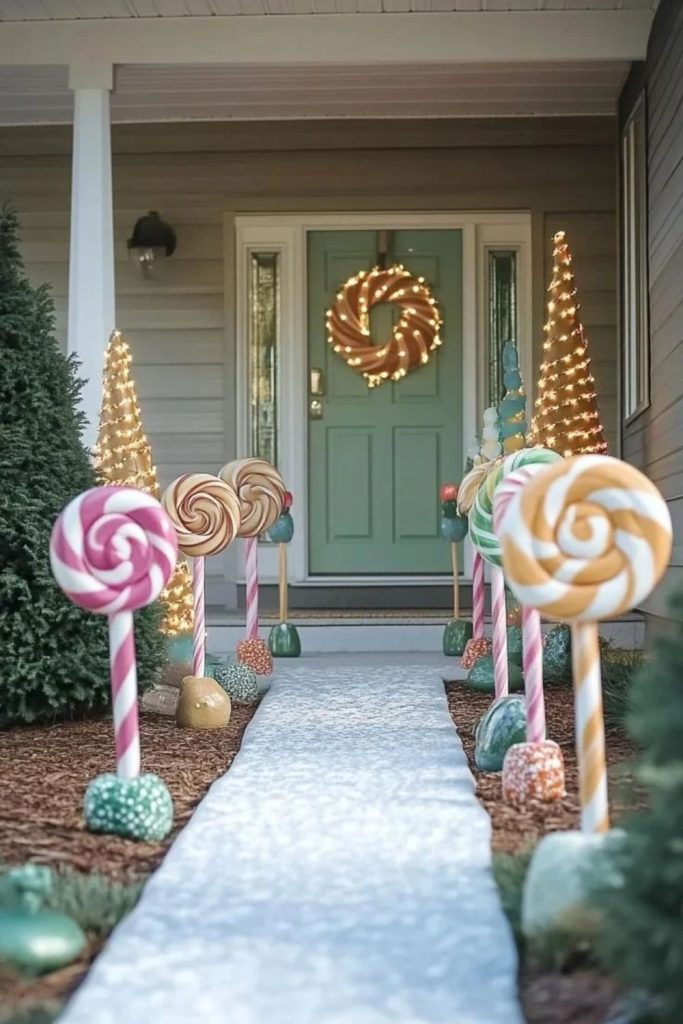 Whimsical illuminated candy decorations for Christmas yards.