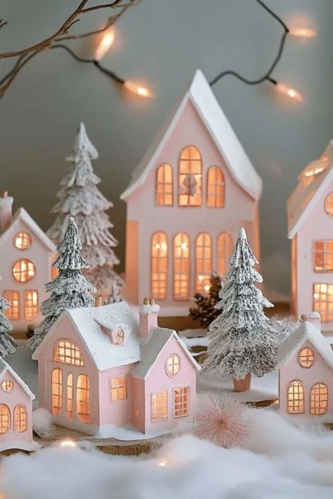 Pink Christmas village with pastel holiday decorations.