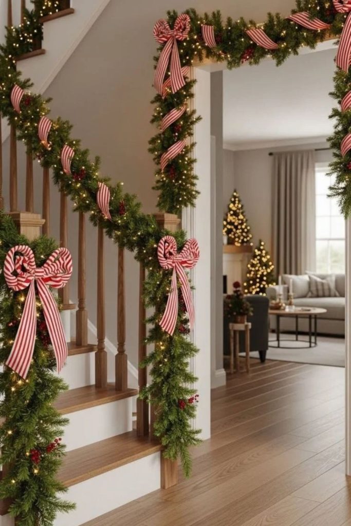 Whimsical Santa garland with festive ornaments.