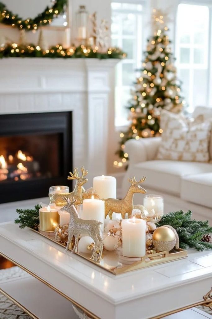 White candlelit Christmas centerpiece with winter greenery.