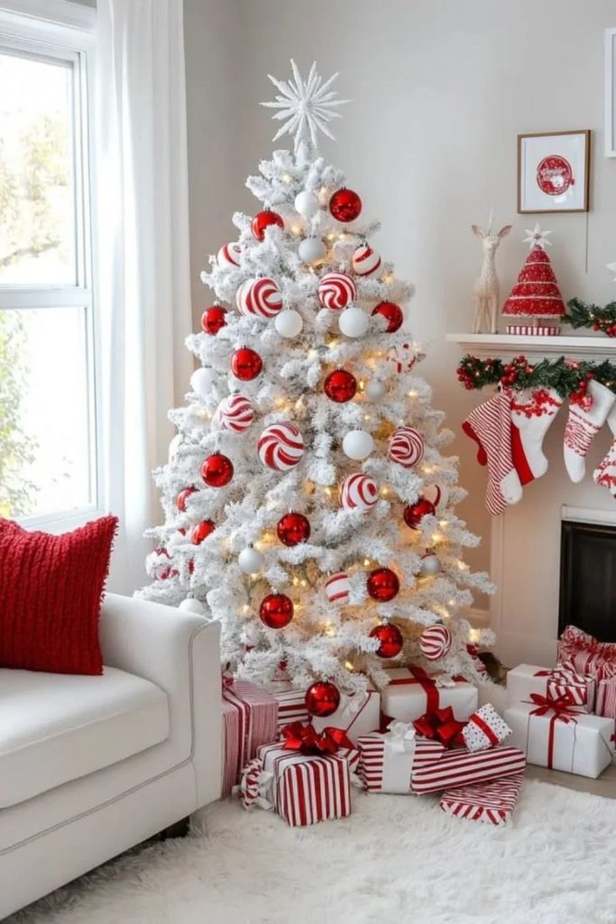 White candy cane Christmas decor with silver stripes.