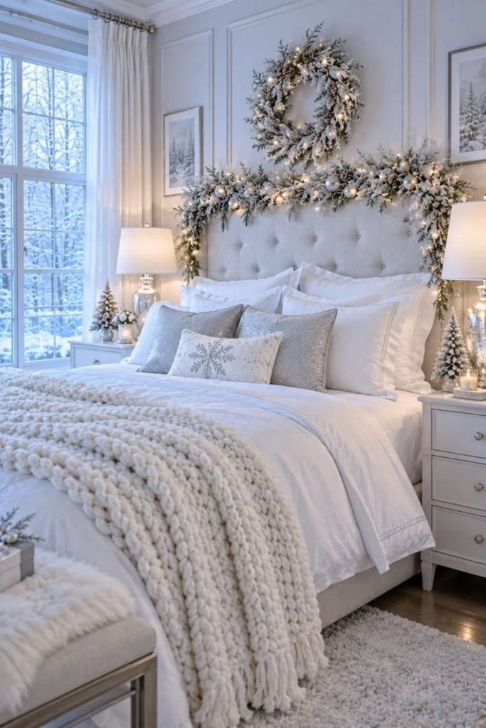 White Christmas bedroom with cozy winter bedding.