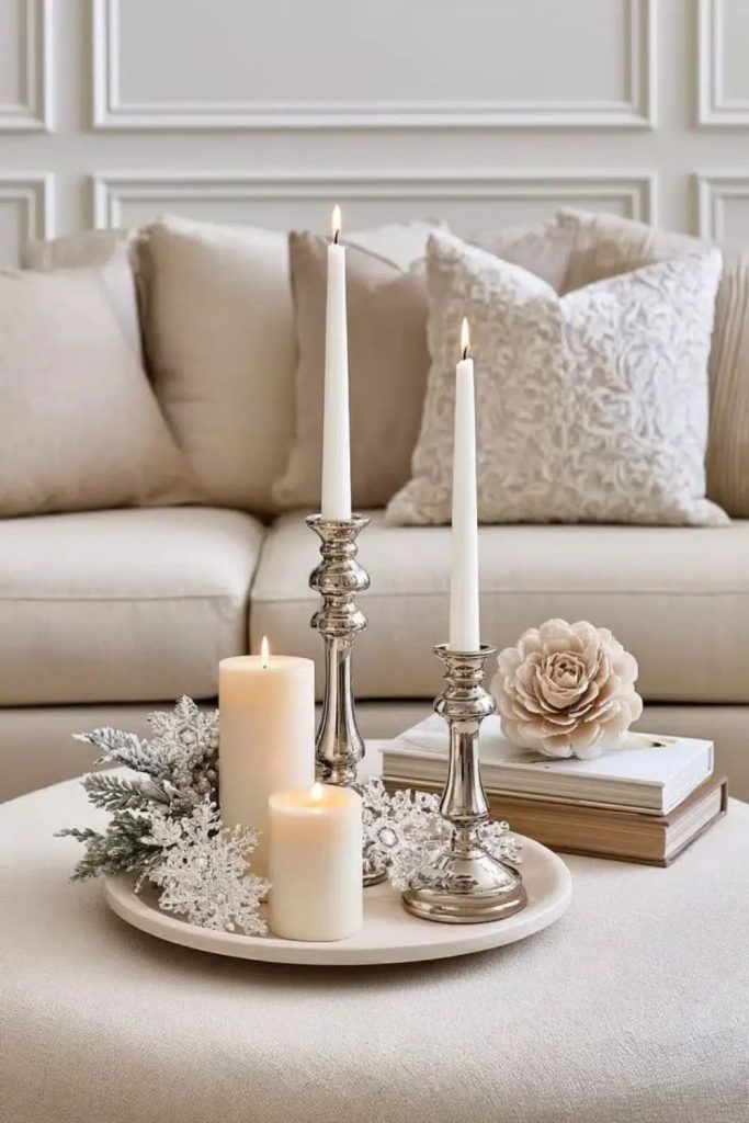 White Christmas coffee table with elegant seasonal accents.
