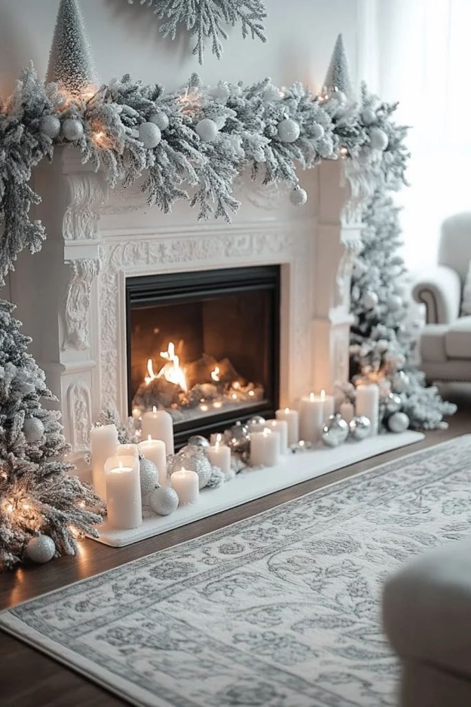 White farmhouse fireplace mantel with rustic decorations.