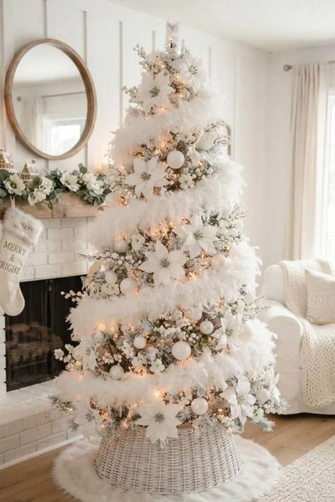 White feather Christmas tree with delicate pearl ornaments.