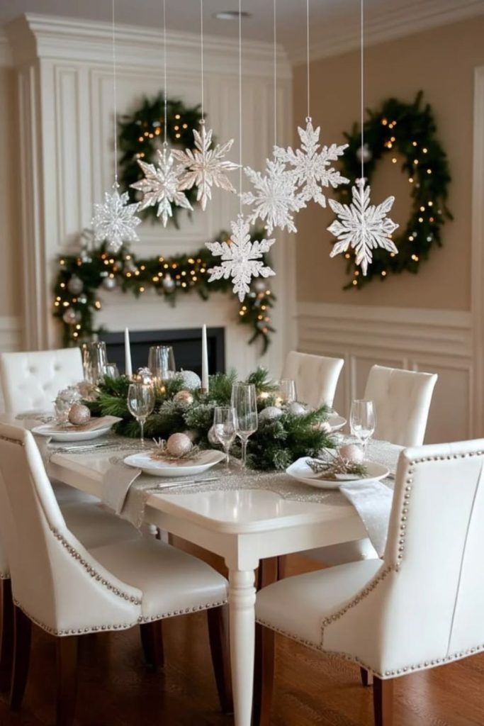 White Scandinavian Christmas dining table decor.