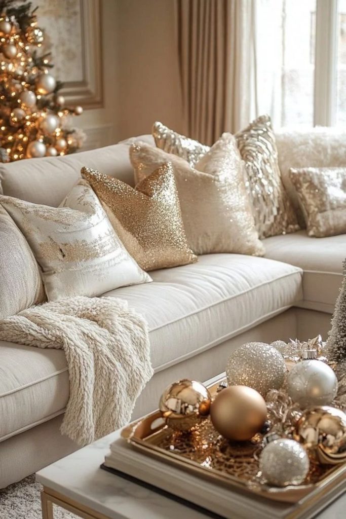 White and gold Christmas decor with glamorous accents.