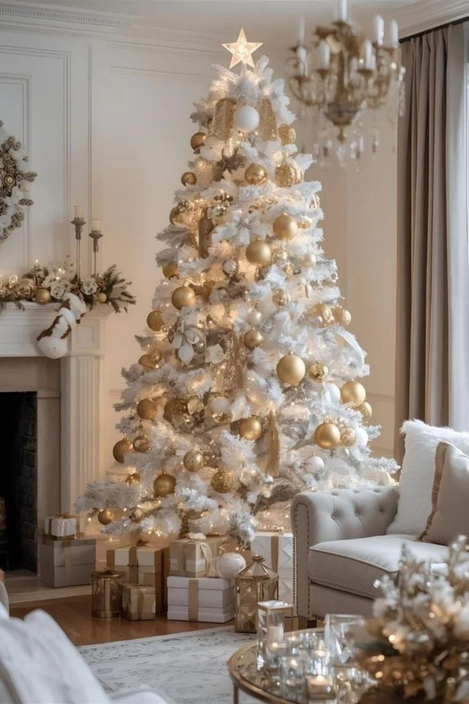 White and gold Christmas tree with elegant ornaments.