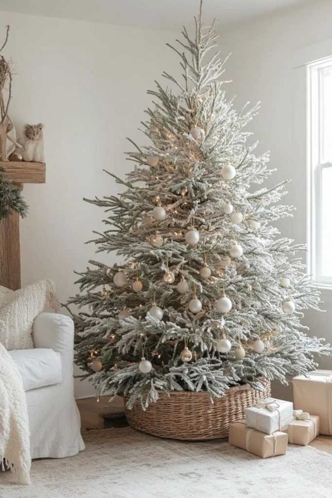 White and silver Christmas tree with sparkling ornaments.