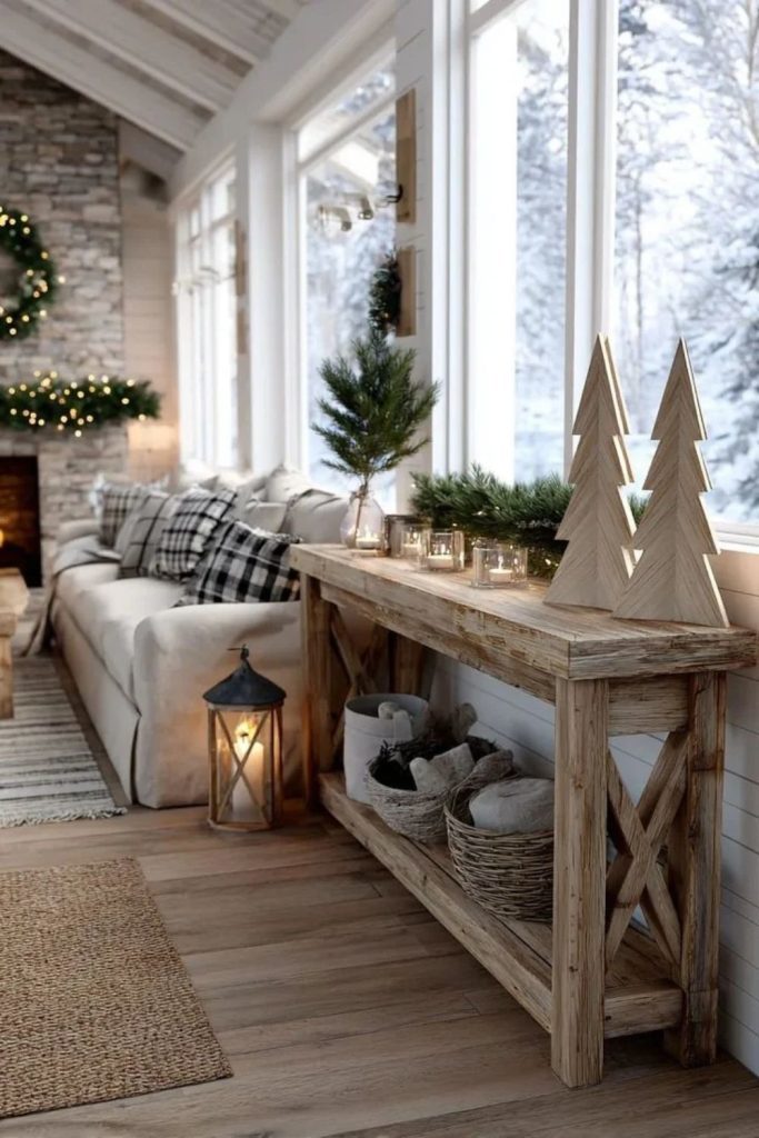 White and wood Christmas decor with Scandinavian charm.
