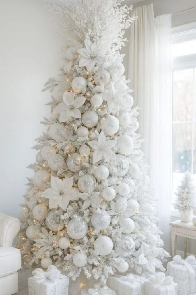 White snow queen flocked Christmas tree with crystals.