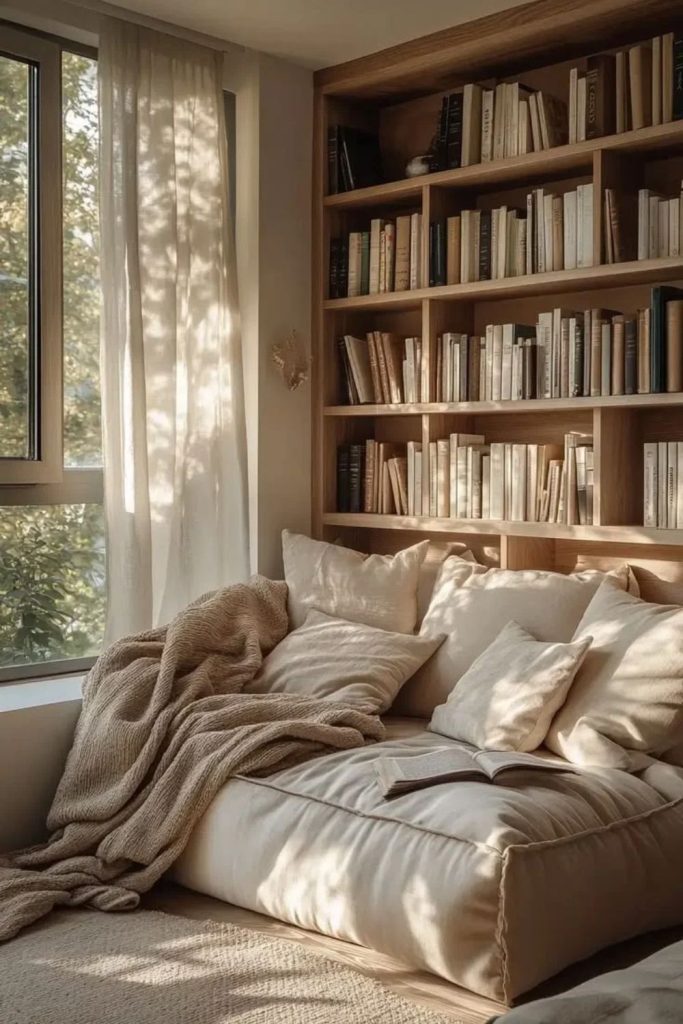 Window-side reading nook with cozy armchair.