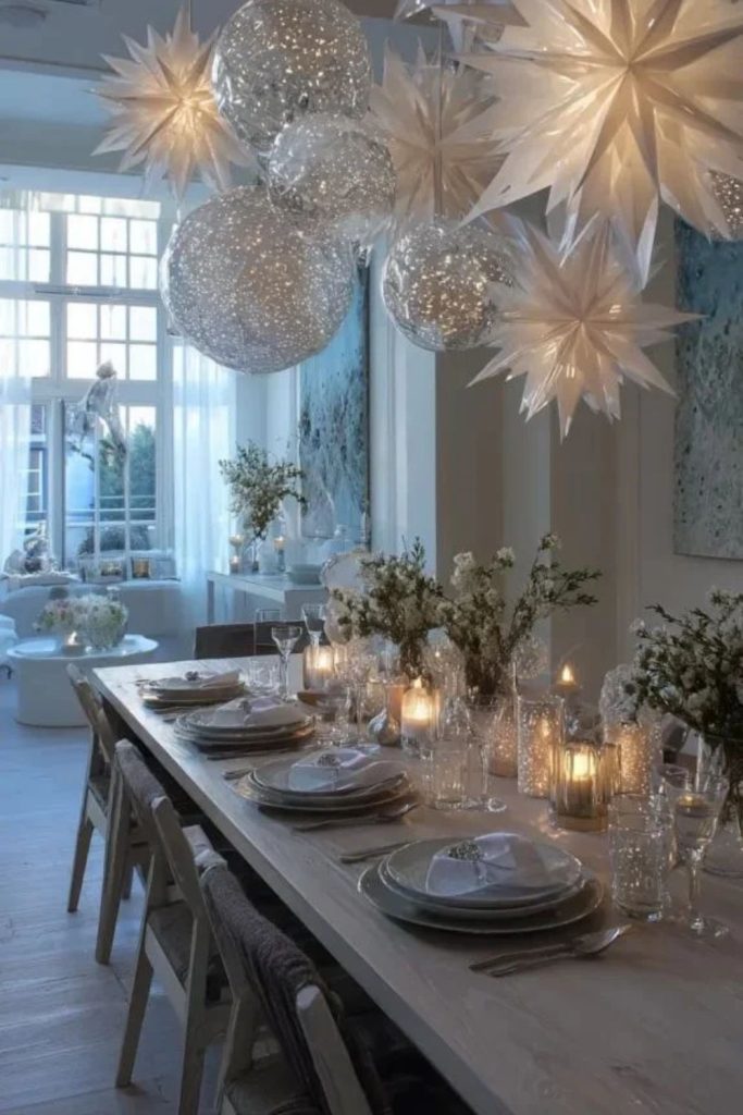Snowy white winter wonderland dining room decor.