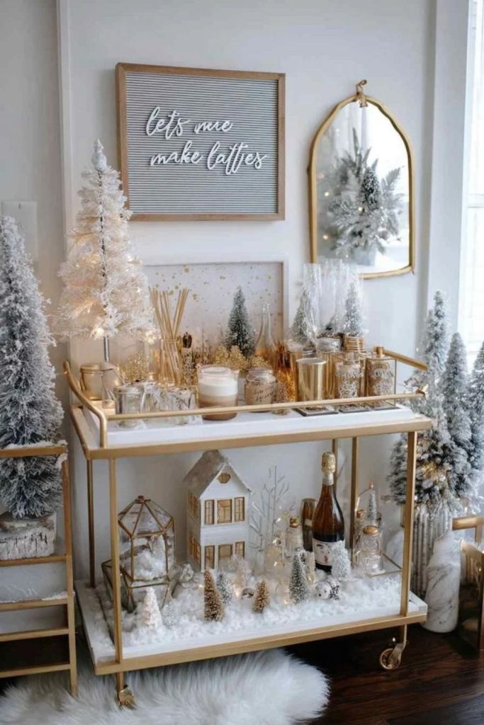 Winter wonderland bar cart with snowy white accents.