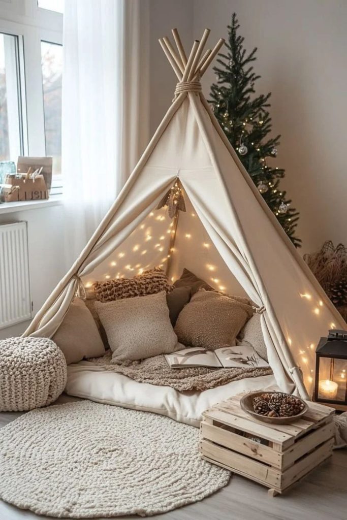 Winter woodland Nordic reading corner.