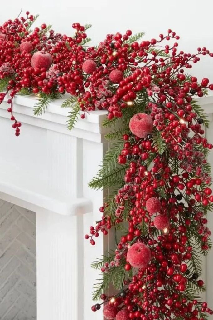 Winterberry garland with frosted white berries.