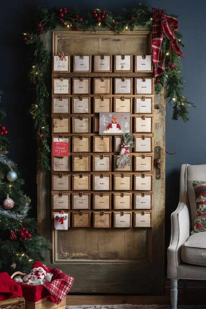 Wooden Scandinavian Advent calendar wall display.