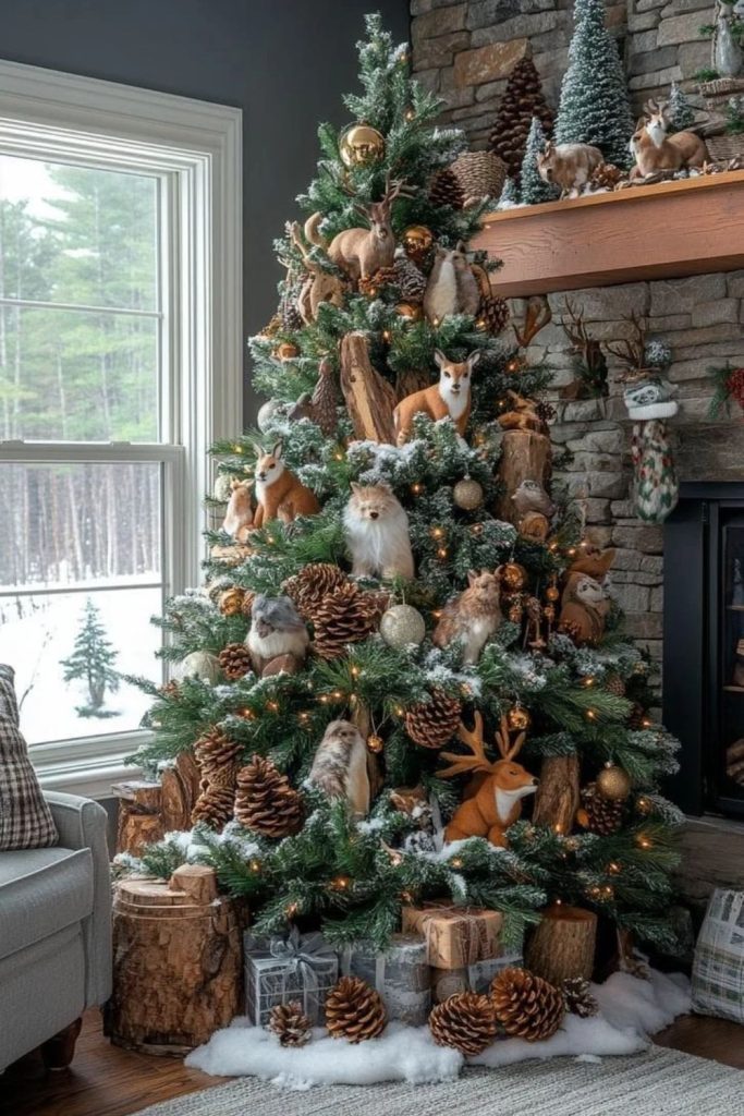 Woodland animal Christmas tree with forest decorations.