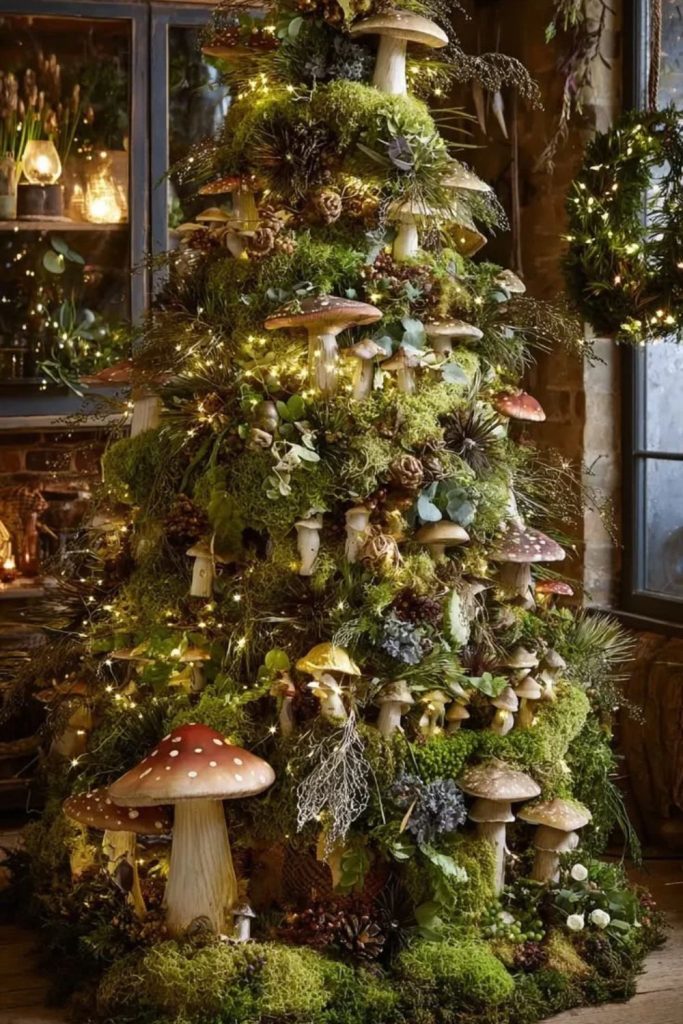 Woodland mushroom fairy flocked Christmas tree.