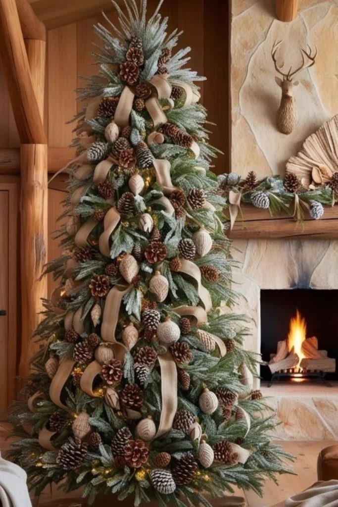 Rustic pinecone and burlap flocked Christmas tree.