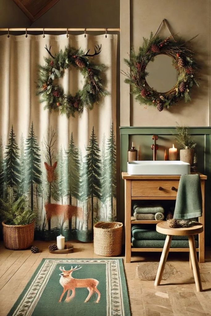 Woodland reindeer decorations with rustic Christmas bathroom accents.