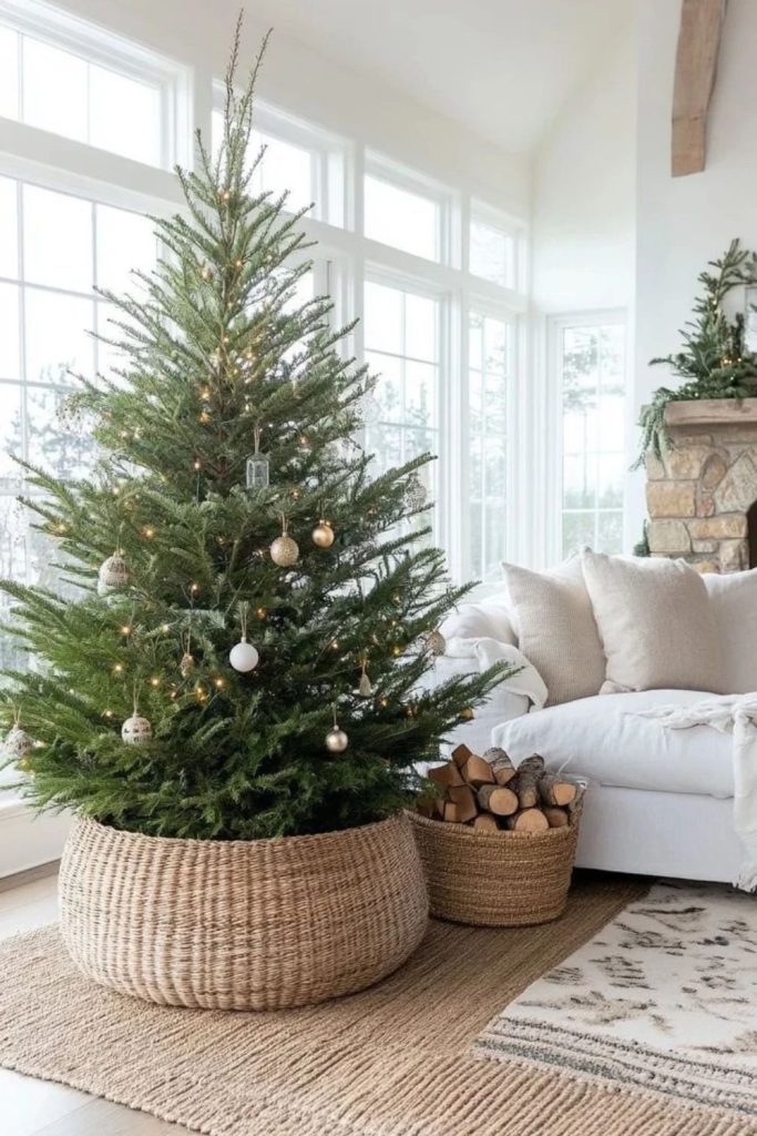 Woven basket Christmas tree skirt with gifts.