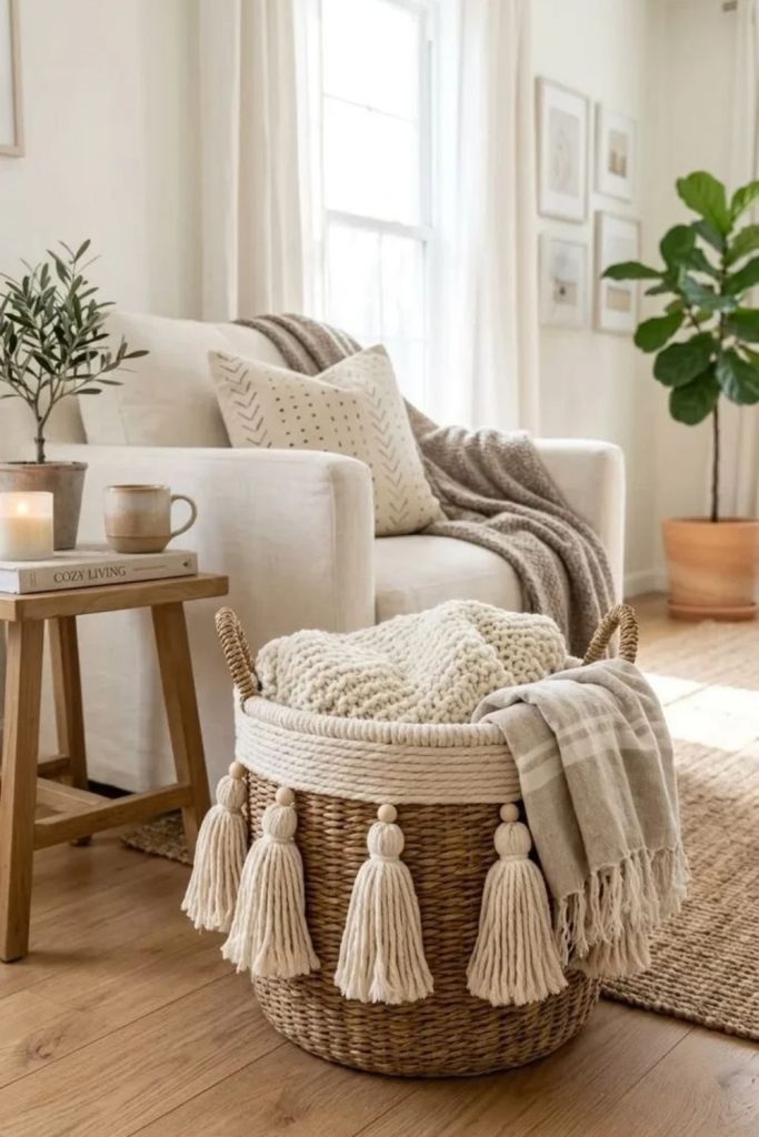 Woven basket storage in Scandinavian hygge living room.