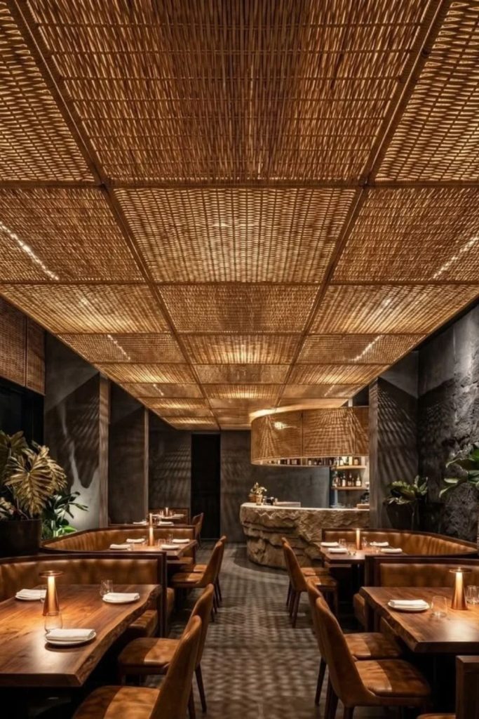 Woven rattan canopy ceiling design.