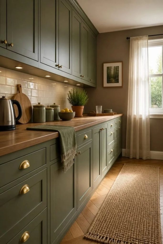 Olive green cabinets with warm wooden accents.